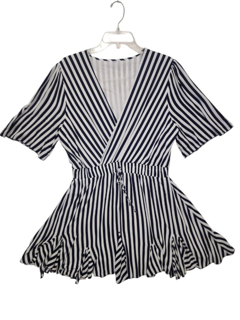 Womens Striped Peplum Dress XL Blue White Wrap Style Ruffle Hem Boho Cottage